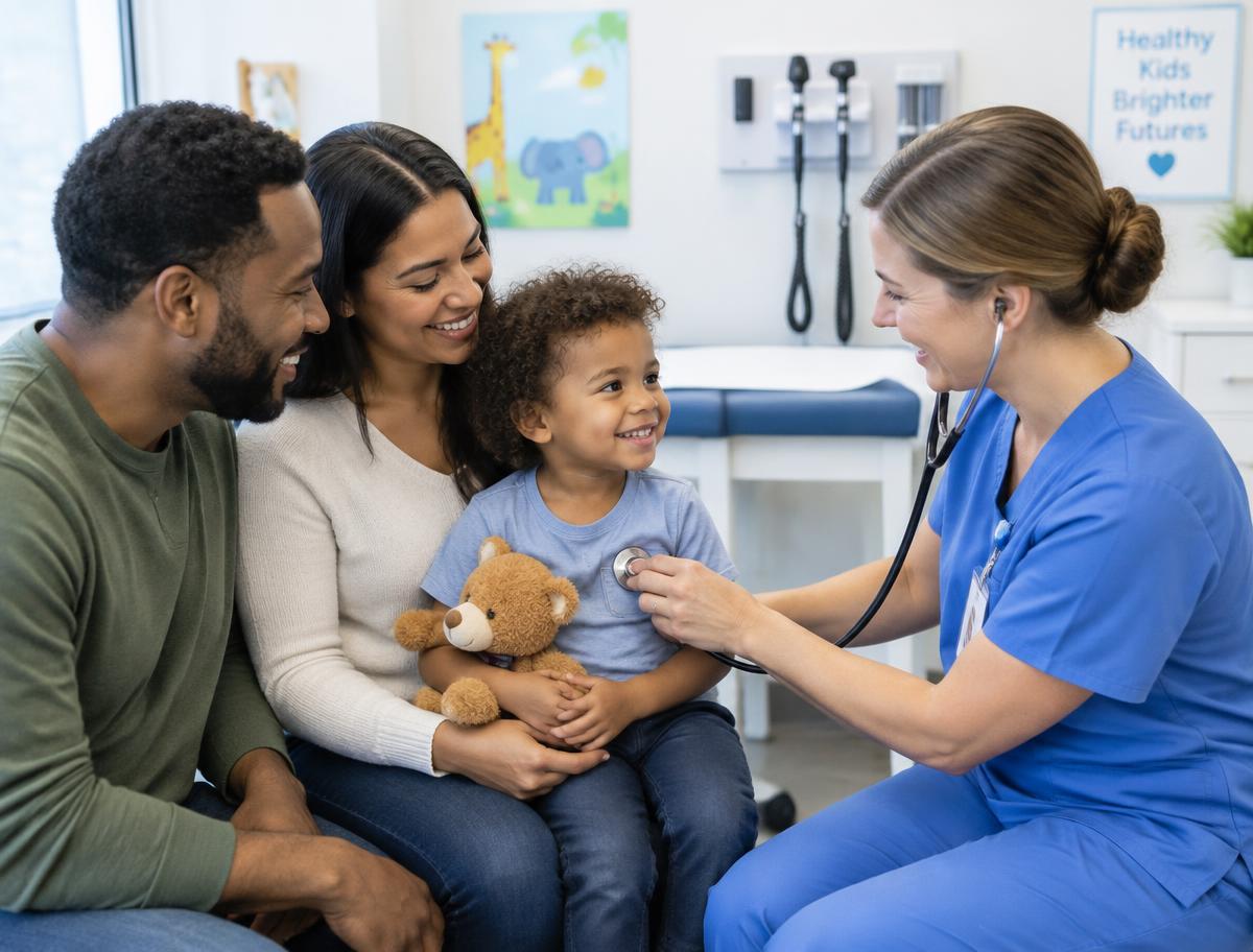 A nurse checking a smiling child's heartbeat with parents nearby