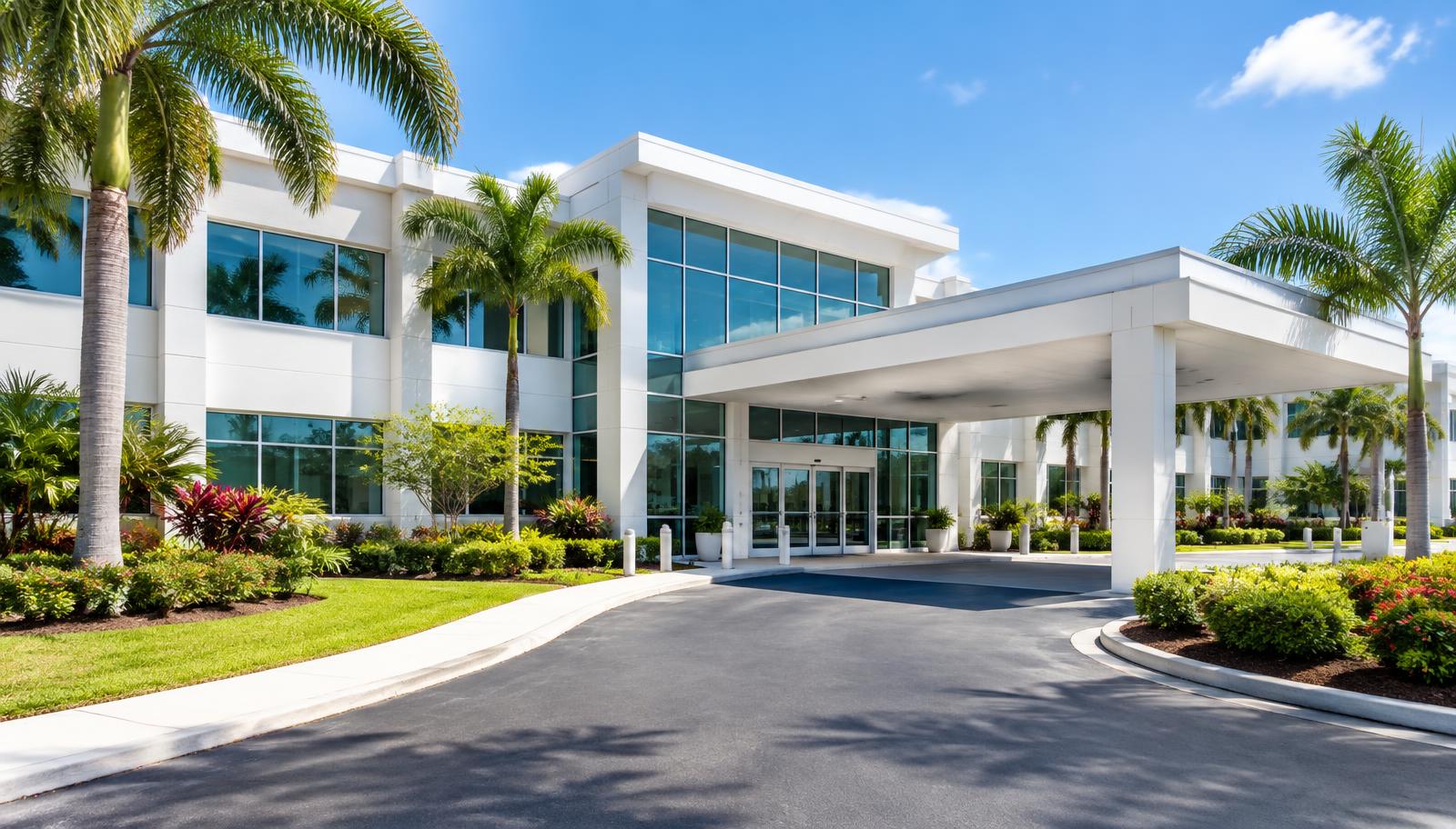 Riverside Community Hospital main entrance surrounded by palm trees